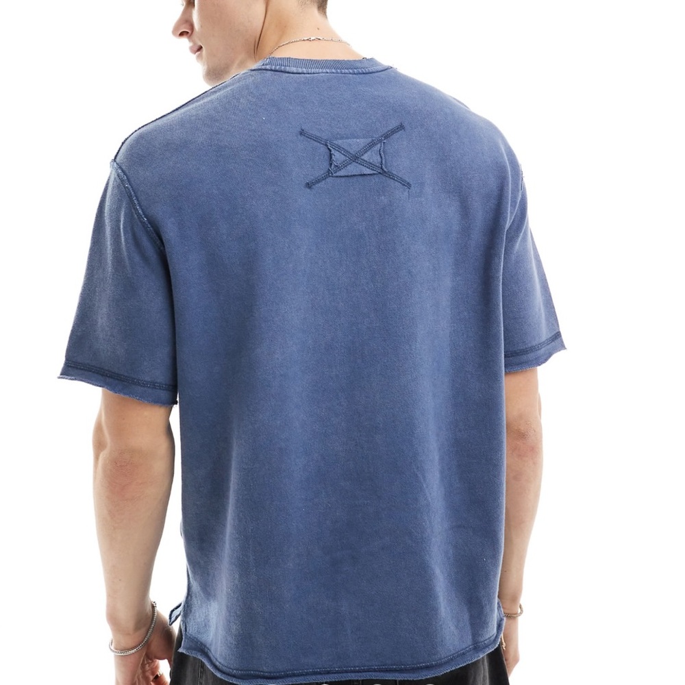 Bershka Raw Edge Short‎ Sleeve T-Shirt Mens Small Washed Blue Streetwear
